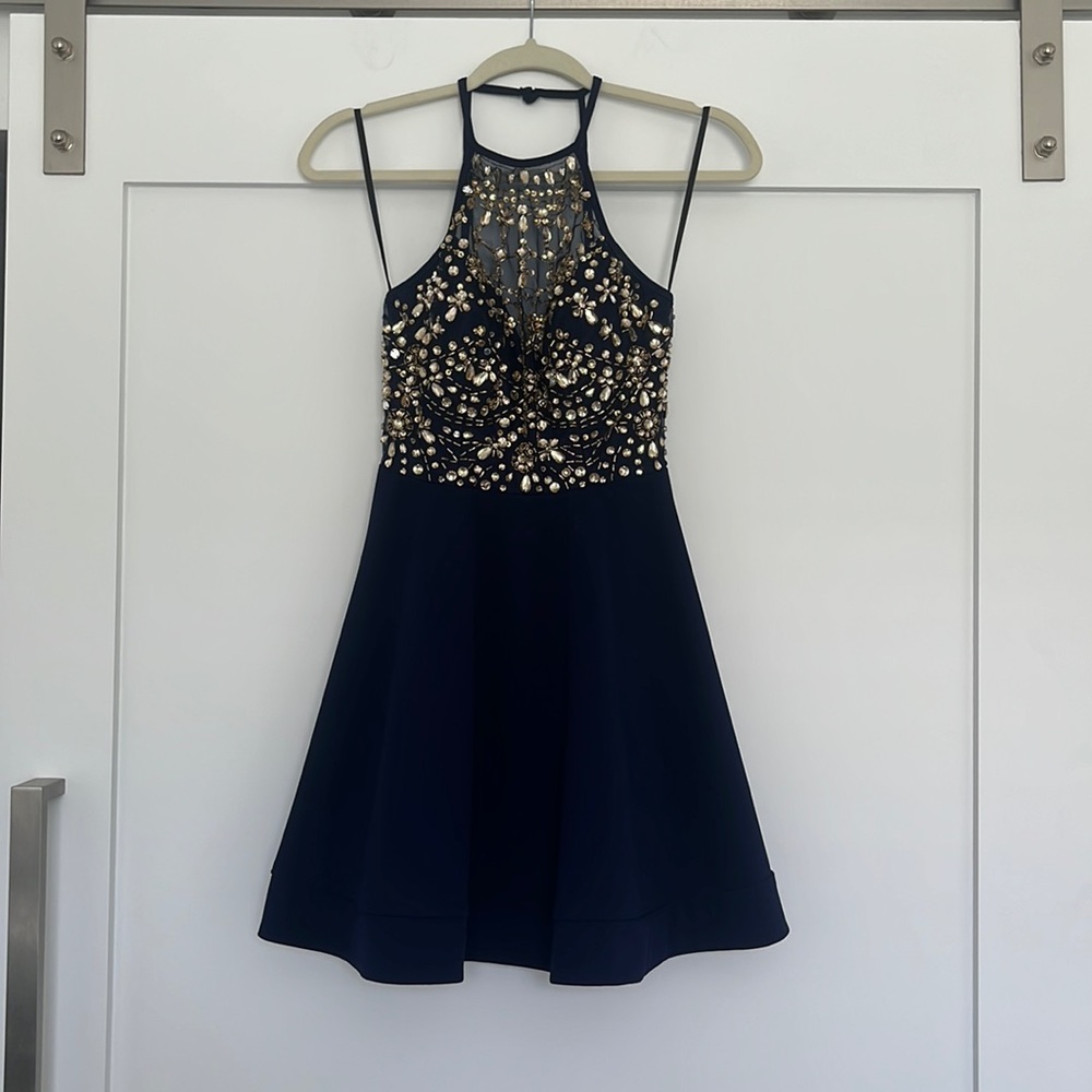 Navy Blue & Gold Halter Top Formal Dress